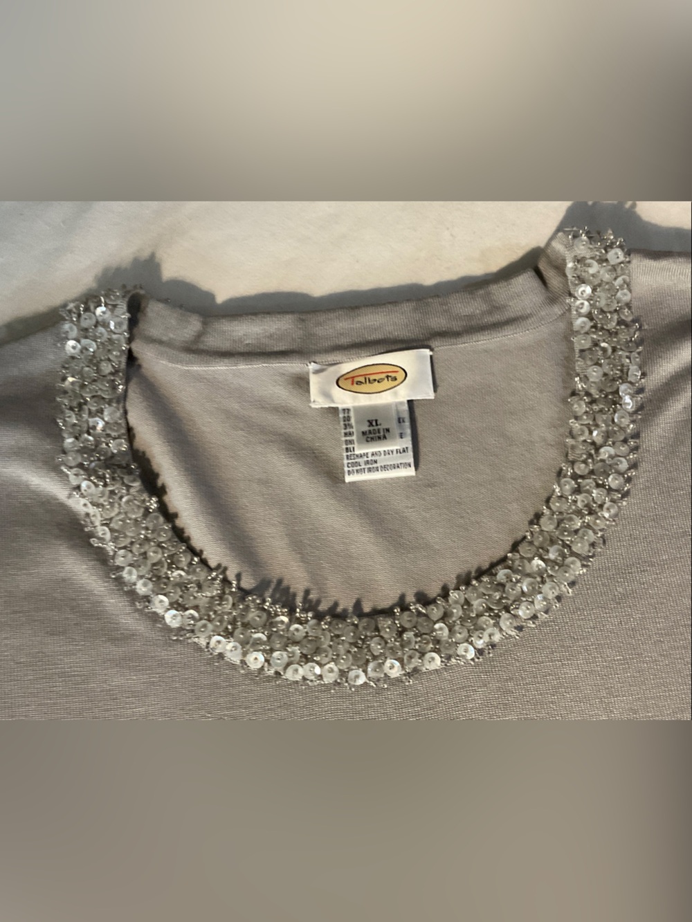 Talbots silk Silver-Gray Embellished Scoop Neck Long sleeve sweater top